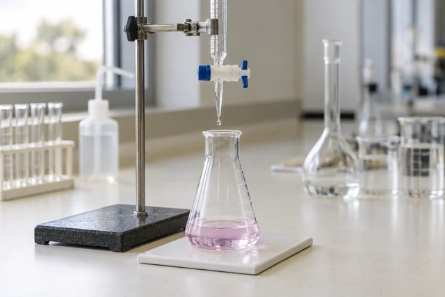 A burette dispensing into a conical flask during a titration