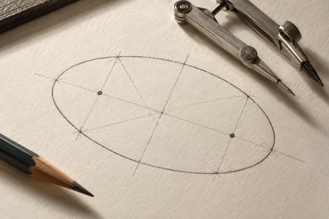 Geometric construction on paper beside a compass and pencil