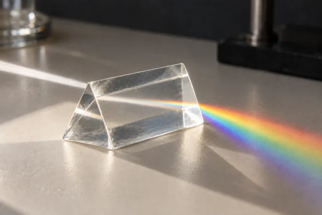 A triangular glass prism casting a spectrum across a laboratory bench