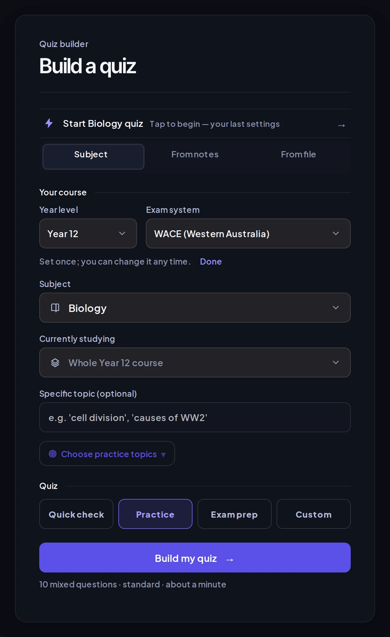 The ATARprepAI quiz builder with a year, exam system and subject chosen