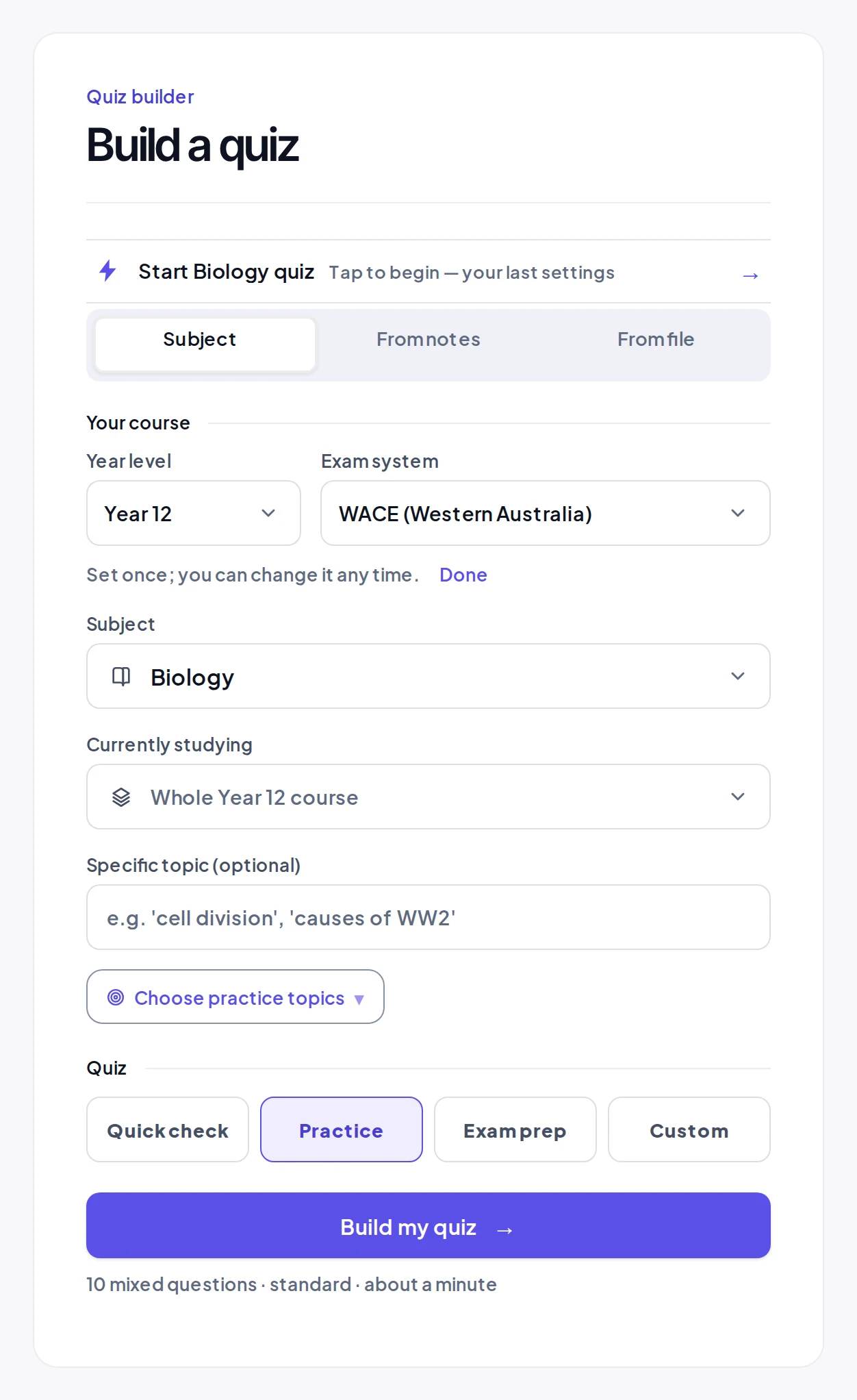 The ATARprepAI quiz builder with a year, exam system and subject chosen