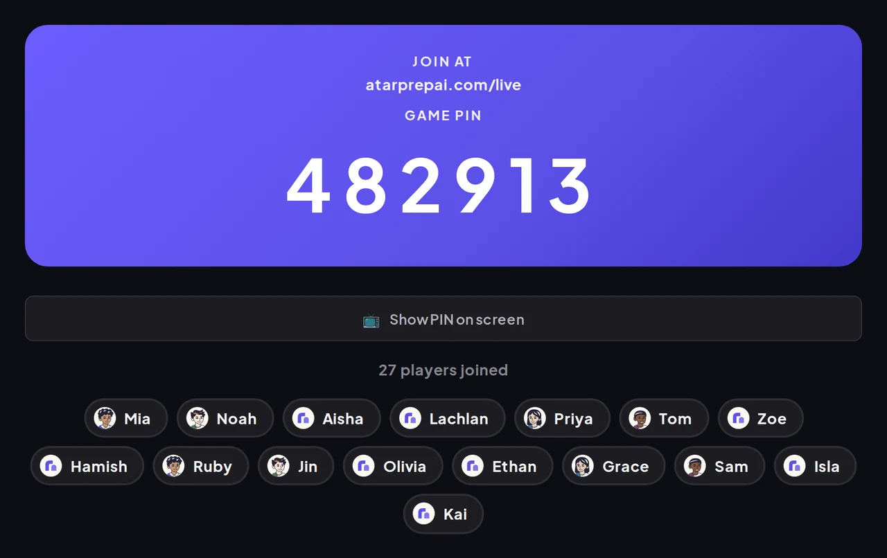 A live game lobby: join at atarprepai.com/live with PIN 482913, 27 players joined