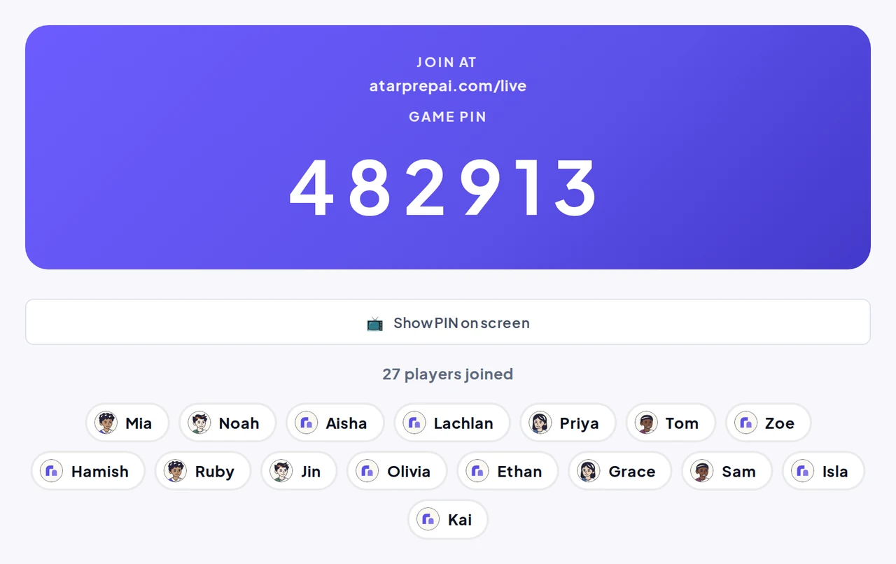 A live game lobby: join at atarprepai.com/live with PIN 482913, 27 players joined