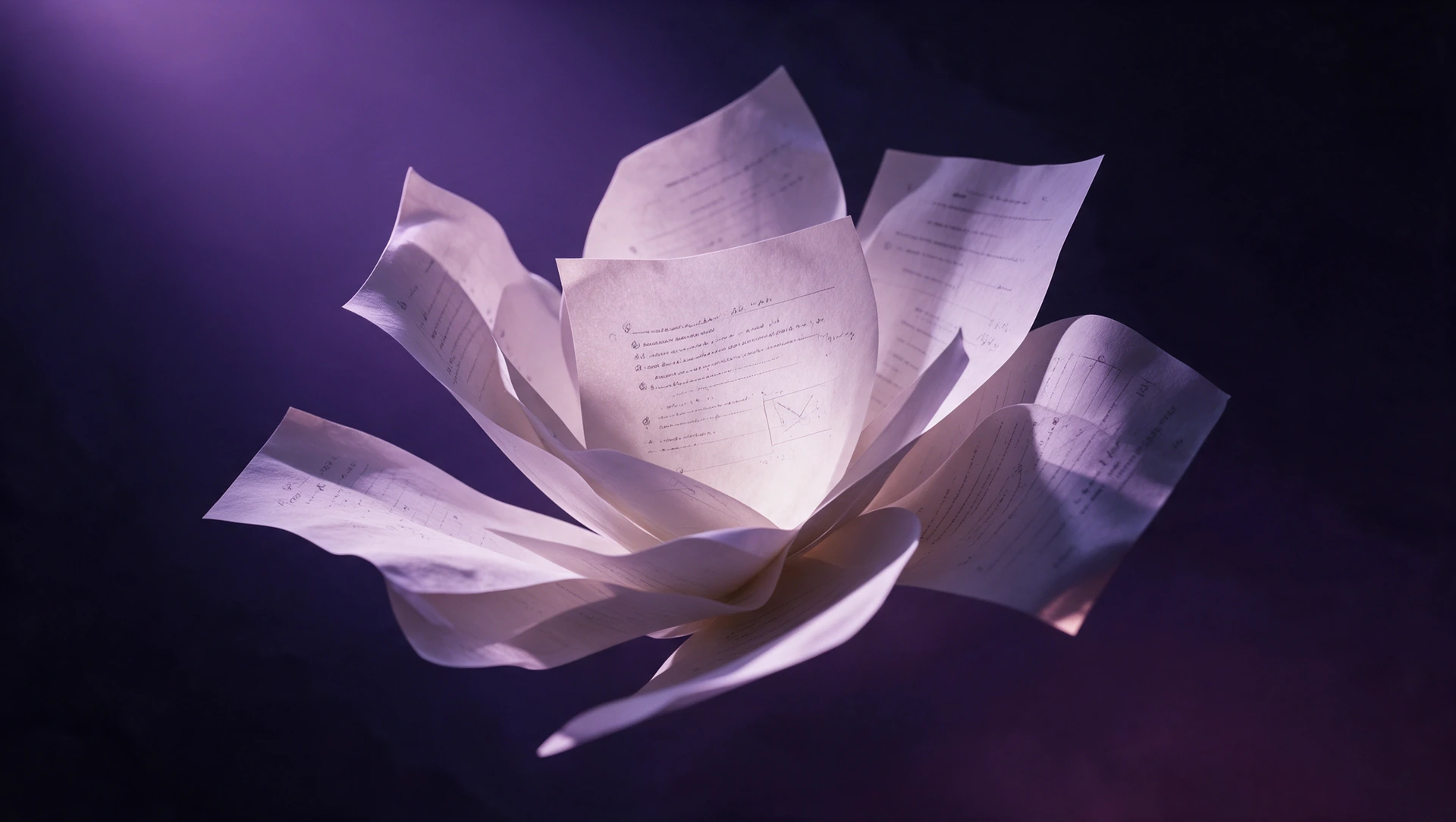 Thin exam pages unfurl around an illuminated central sheet in midnight-violet space.